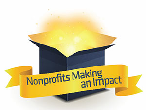 Nonprofits Making an Impact on gold banner in front of a glowing open box