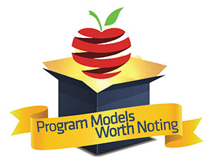 Program Models Worth Noting written on banner with an apple floating out of a golden box