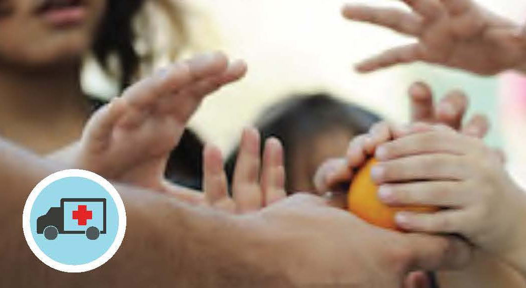 Disaster Relief - hands distributing oranges, icon of ambulance