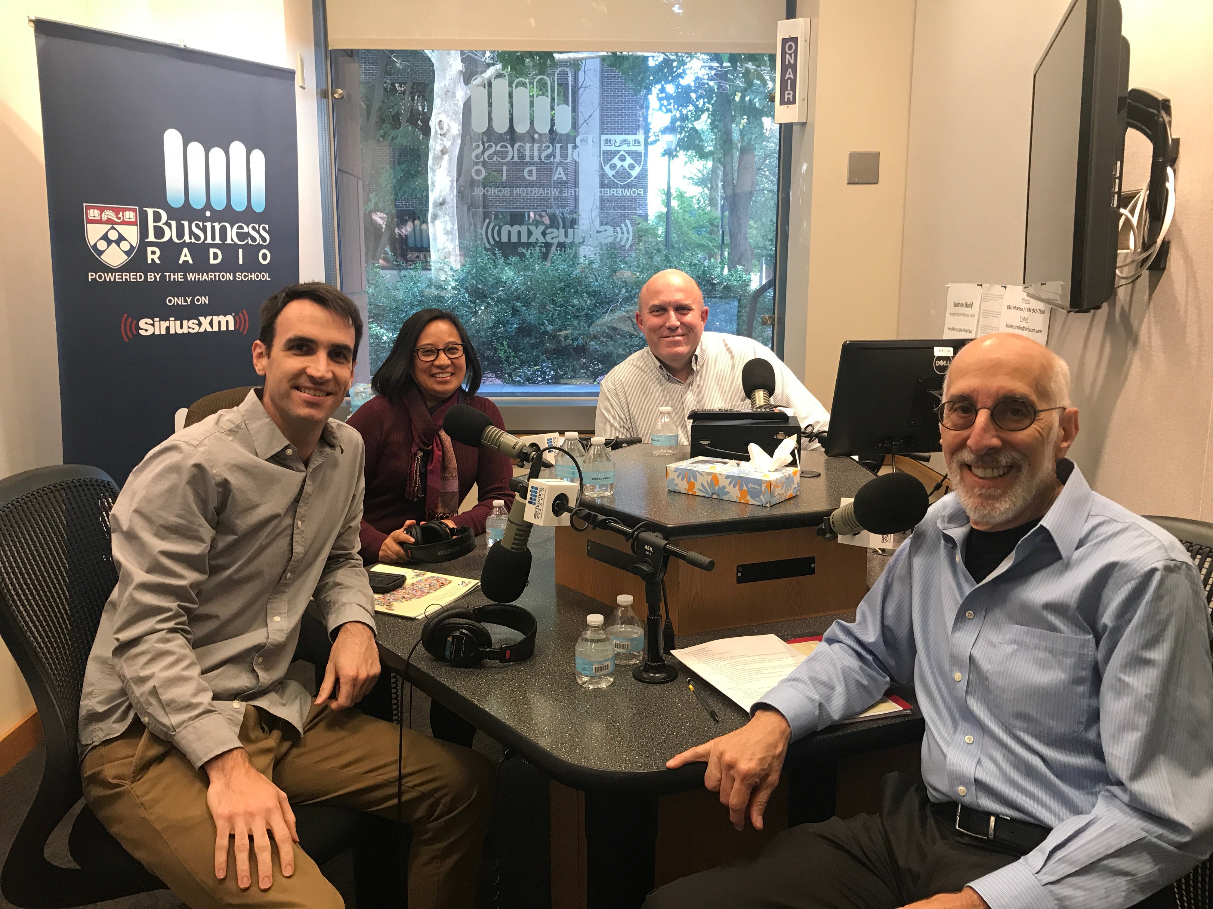 Conor Carroll, Kat Rosqueta, Dan Loney, and Harris Sokoloff at the Wharton Business Radio studio