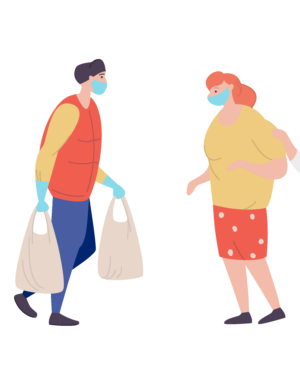 People in masks getting groceries from helper