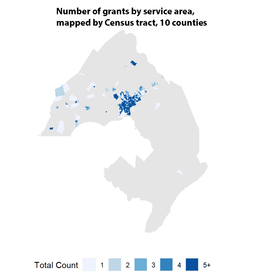 number of grants by service area, mapped by census tract, 10 counties