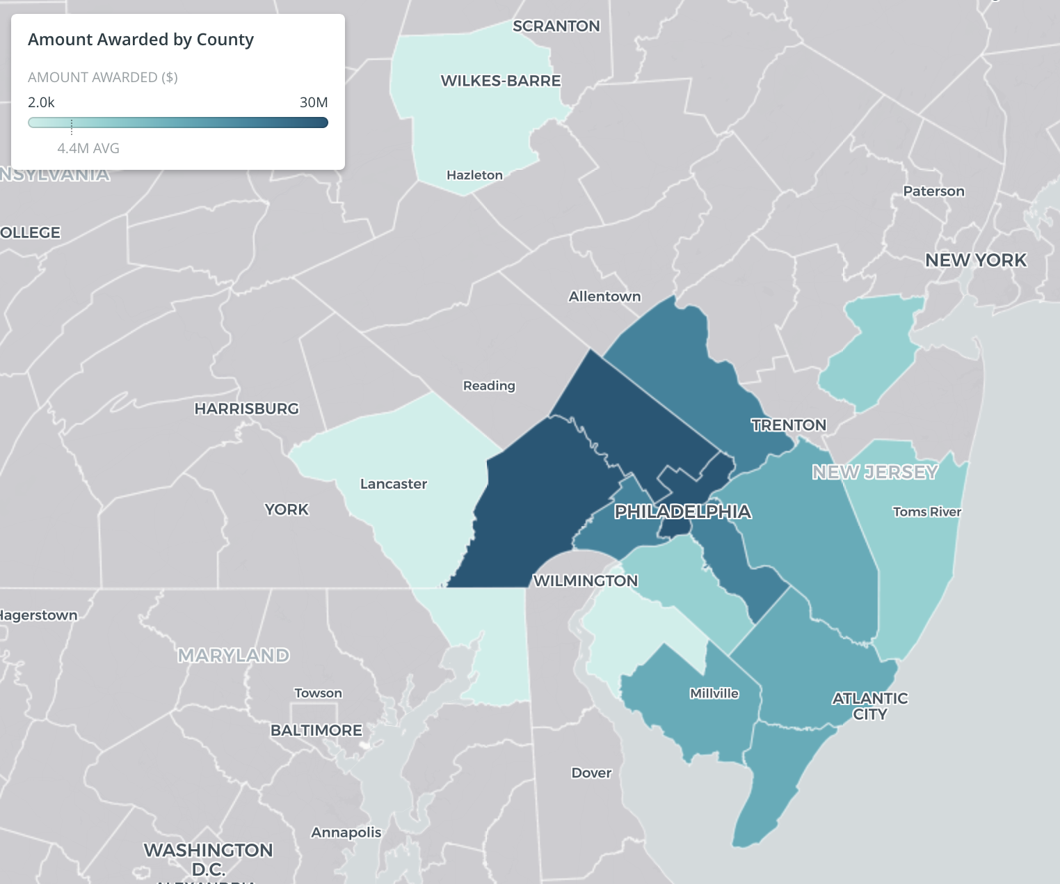 Grants by county in PA and southern NJ