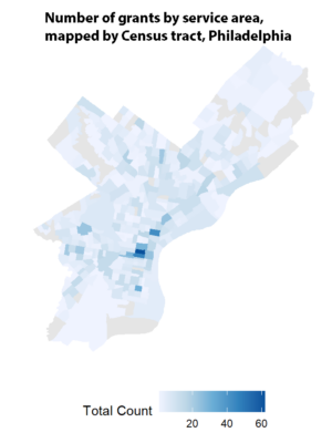 number of grants by service area, mapped by census tract, Philaelphia