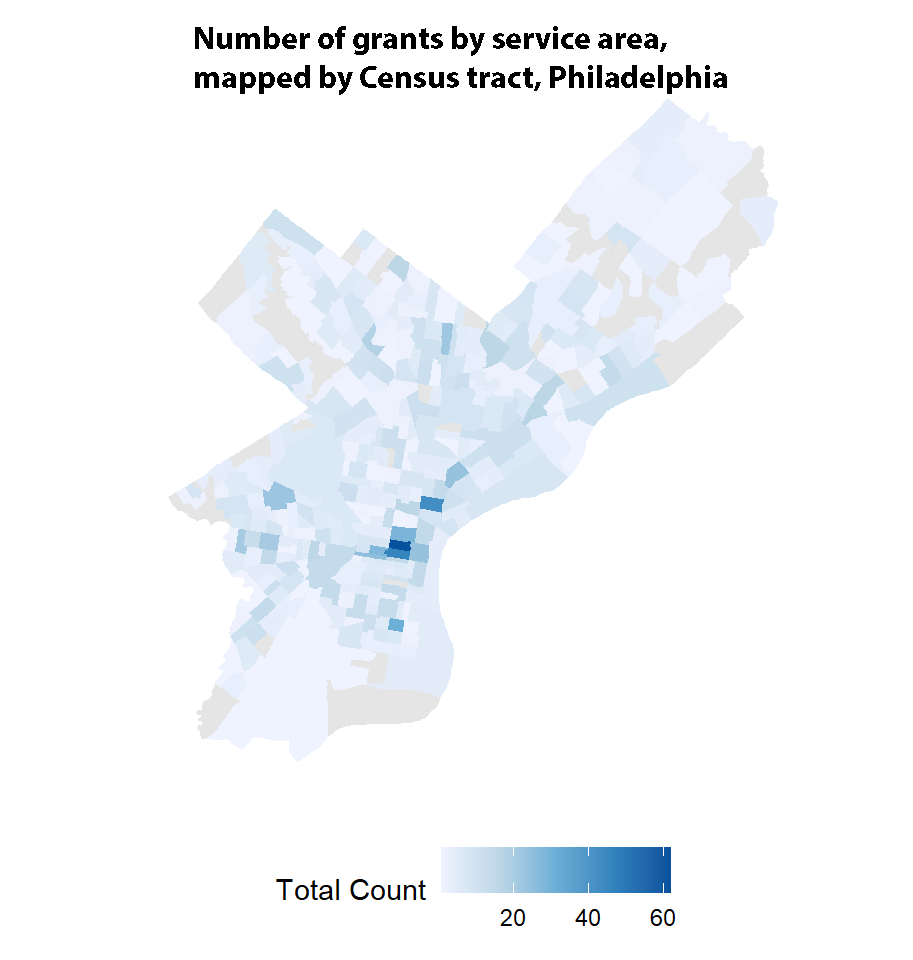 number of grants by service area, mapped by census tract, Philaelphia