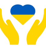 Helping hands with heart icon in Ukrainian colors