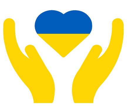 Helping hands with heart icon in Ukrainian colors