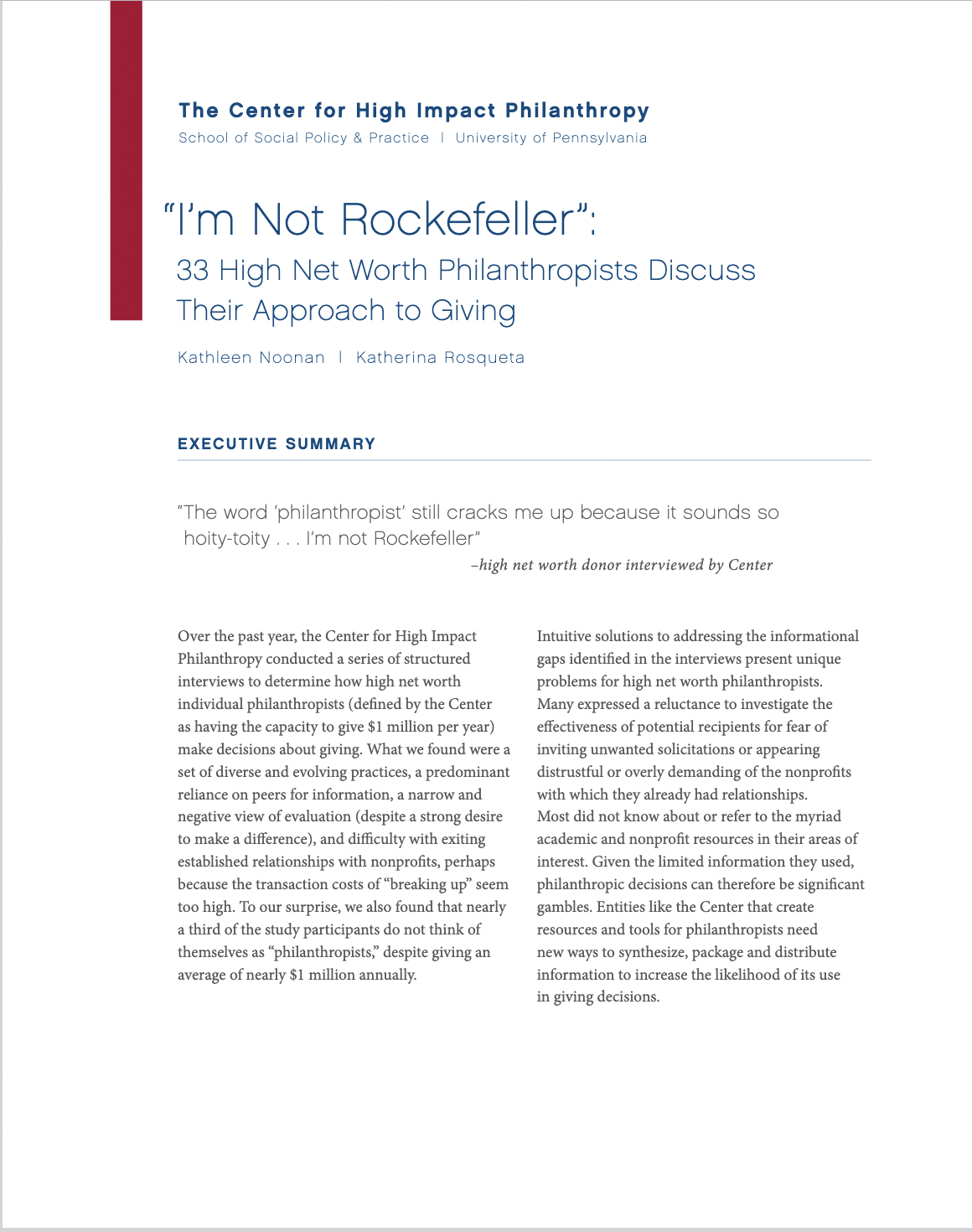 Text cover for the Center for High Impact Philanthropy's I'm Not Rockefeller